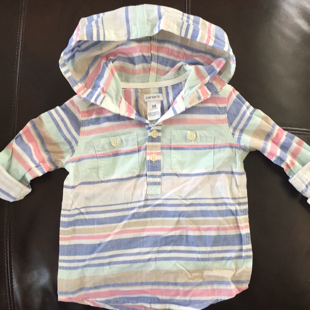 Long sleeve striped hooded shirt.  Size 18 months.